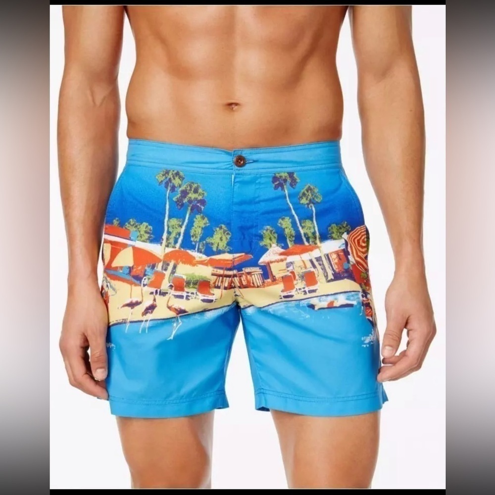 Ben Sherman Men's Digi Palm Print Bahama Swim Shorts. Two Pockets. Drawstrings.